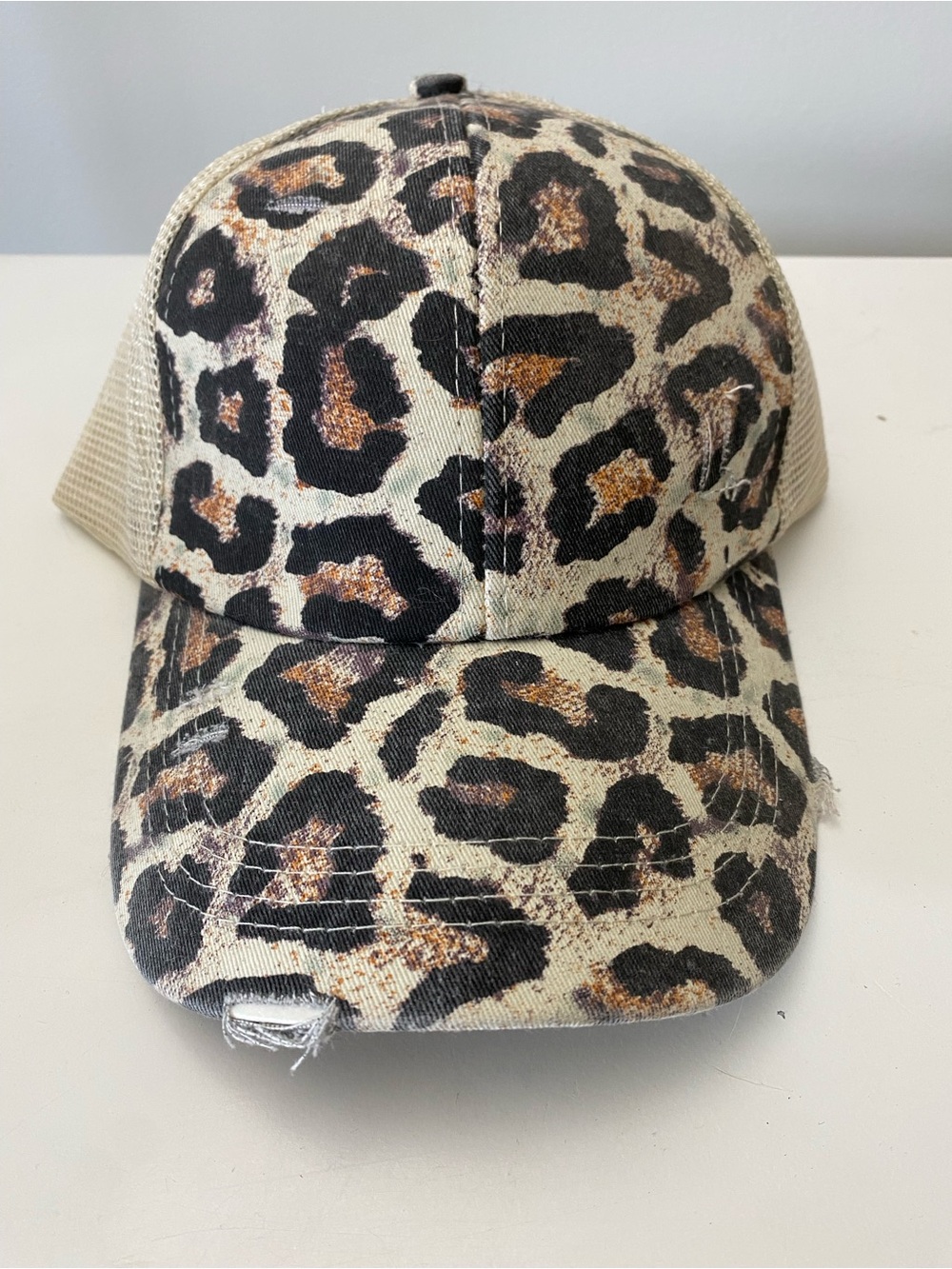 Leopard Print Distressed Trucker Hat - Criss Cross Ponytail Back